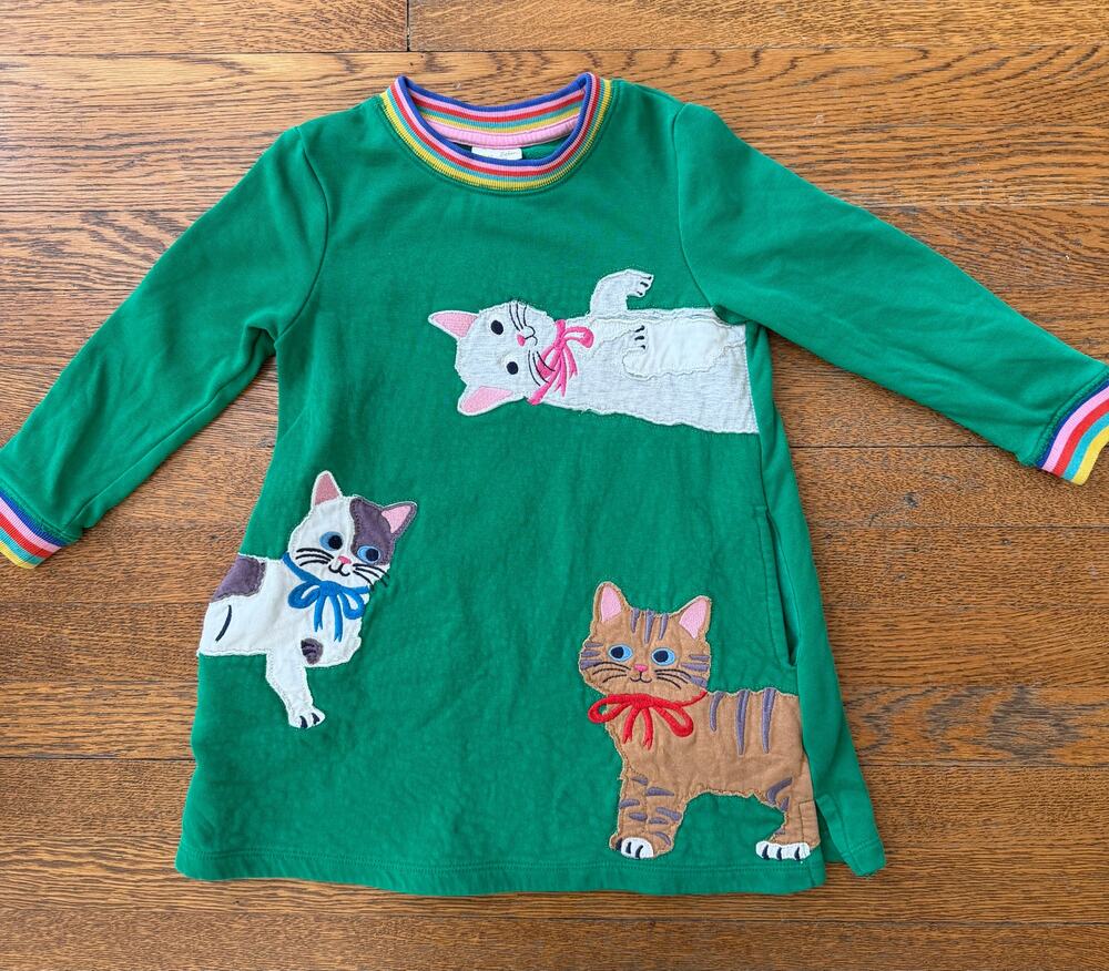 Mini Boden Girls' Green Cat Applique Sweatshirt Dress 3-4Y
